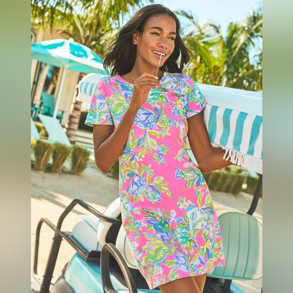 NWT Lilly Pulitzer Small Declan Dress Squeeze The Day Pink Floral Puma Cotton